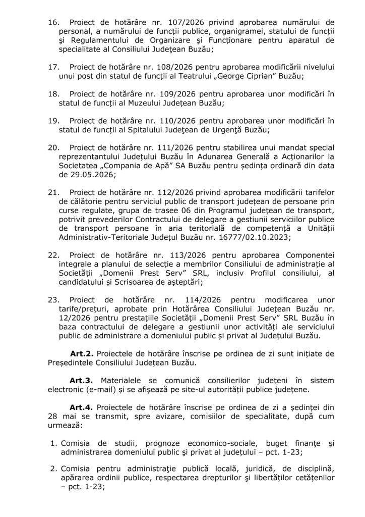 Ședință la Consiliul Județean. Ce proiecte sunt pe ordinea de zi de joi, 28 iunie 3 proiecte ședință Consiliul Județean Buzău mai 2026