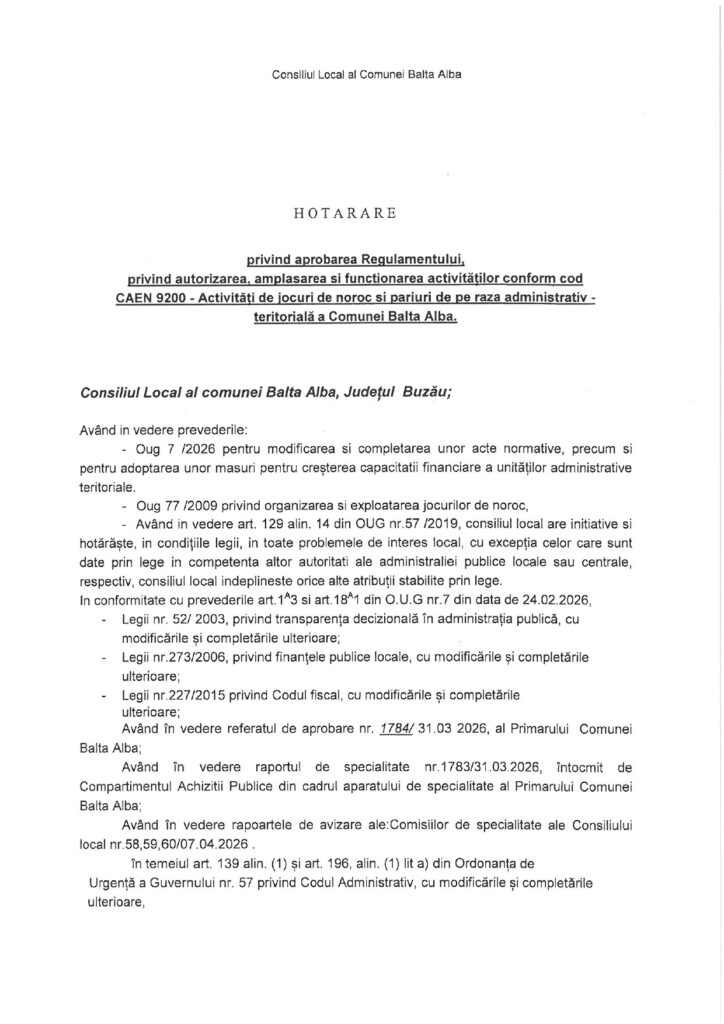 Primăria Balta Albă regulement jocuri de noroc