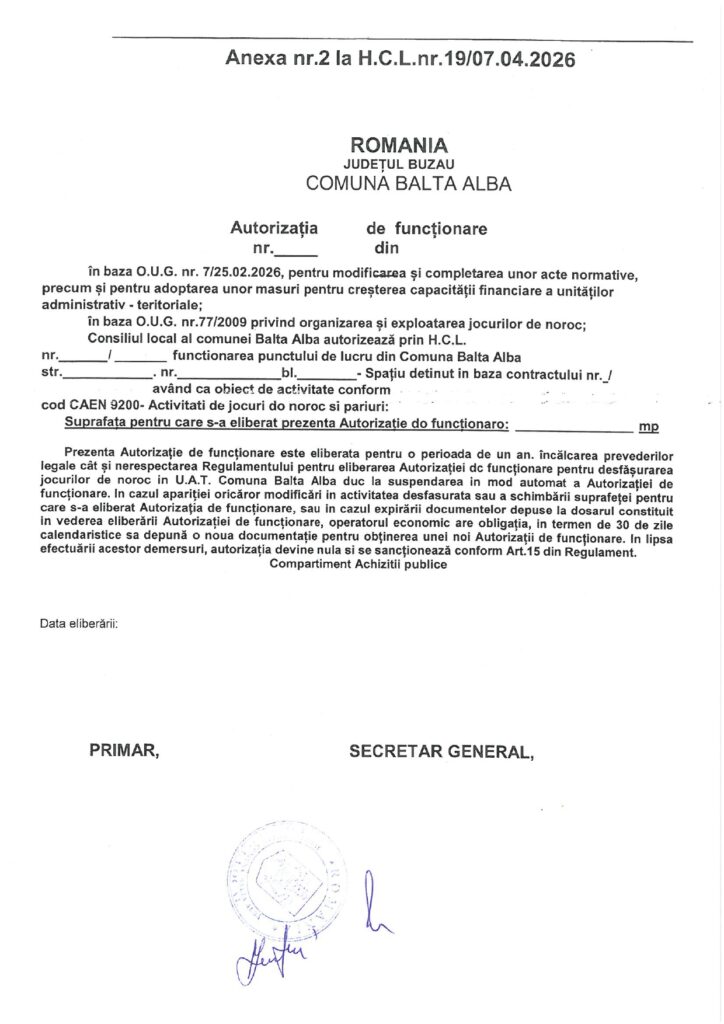 Primăria Balta Albă regulement jocuri de noroc