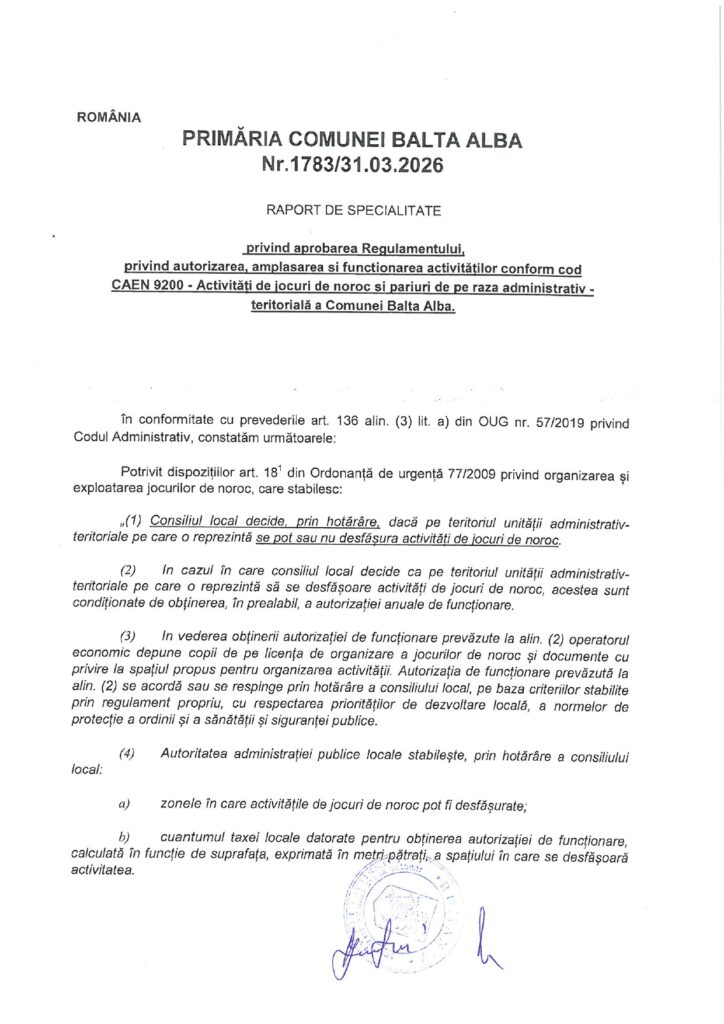 Primăria Balta Albă regulement jocuri de noroc
