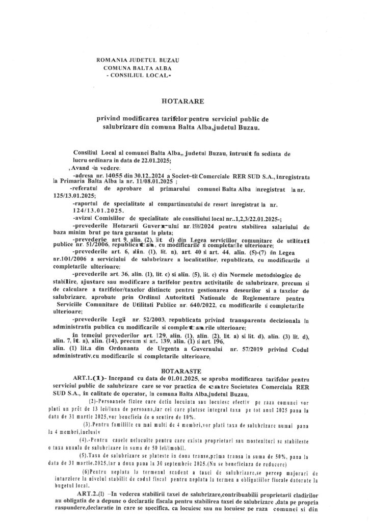 Anunț Primăria Balta Albă, tarif salubrizare comuna Balta Albă - județ Buzău