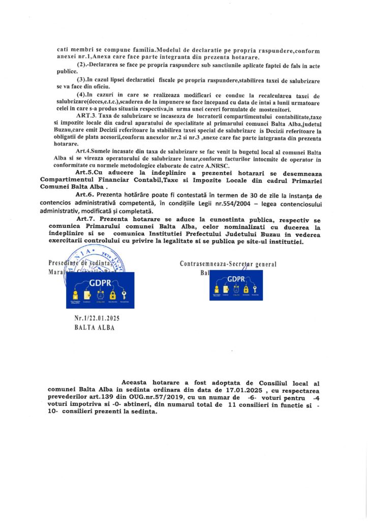 Anunț Primăria Balta Albă, tarif salubrizare comuna Balta Albă - județ Buzău