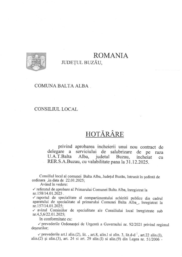 Anunț Primăria Balta Albă, contract salubrizare 2025 Balta Albă