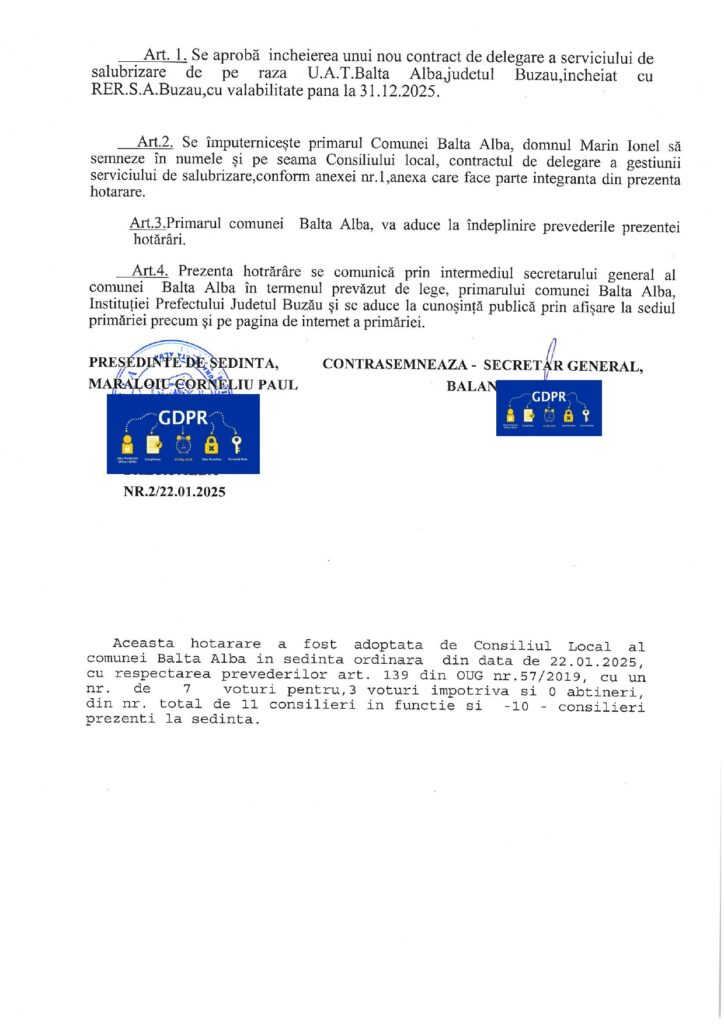 Anunț Primăria Balta Albă, contract salubrizare 2025 Balta Albă