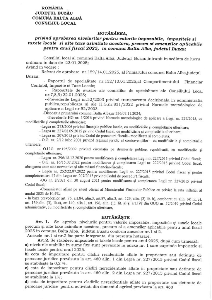 Primăria Balta Albă taxe și impozite locale 2025