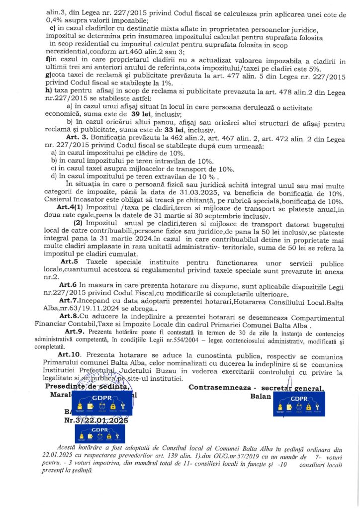 Primăria Balta Albă taxe și impozite locale 2025