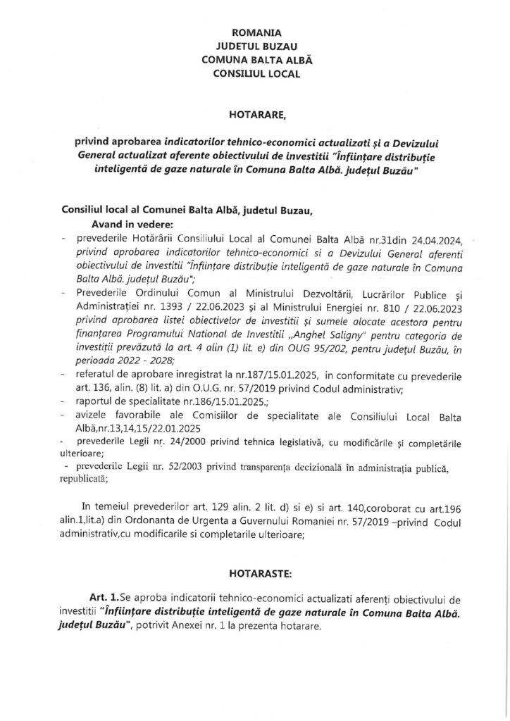 BALTA ALBĂ. Noi indicatori tehnico-economici pentru proiectul rețelei de gaze naturale 1 Primăria Balta Albă proiect gaze naturale, proiect rețea gaze aprobare indicatori tehnic-economici