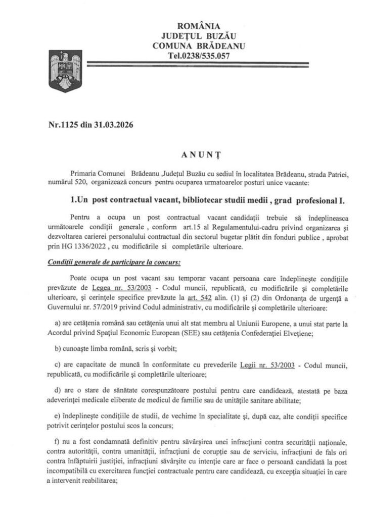 BRĂDEANU. Primăria organizează concurs pentru un post de bibliotecar. Iată condițiile de participare! 1 anunț Primăria Brădeanu, concurs bibliotecar Primăria Brădeanu