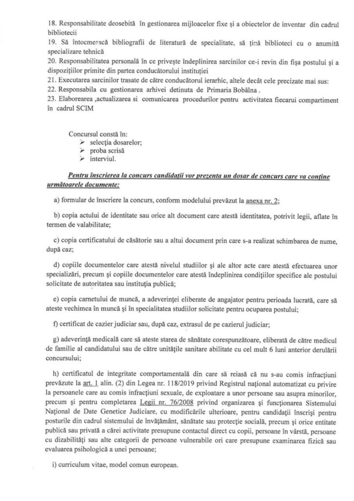 BRĂDEANU. Primăria organizează concurs pentru un post de bibliotecar. Iată condițiile de participare! 3 anunț Primăria Brădeanu, concurs bibliotecar Primăria Brădeanu