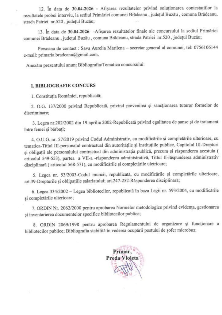 BRĂDEANU. Primăria organizează concurs pentru un post de bibliotecar. Iată condițiile de participare! 5 anunț Primăria Brădeanu, concurs bibliotecar Primăria Brădeanu