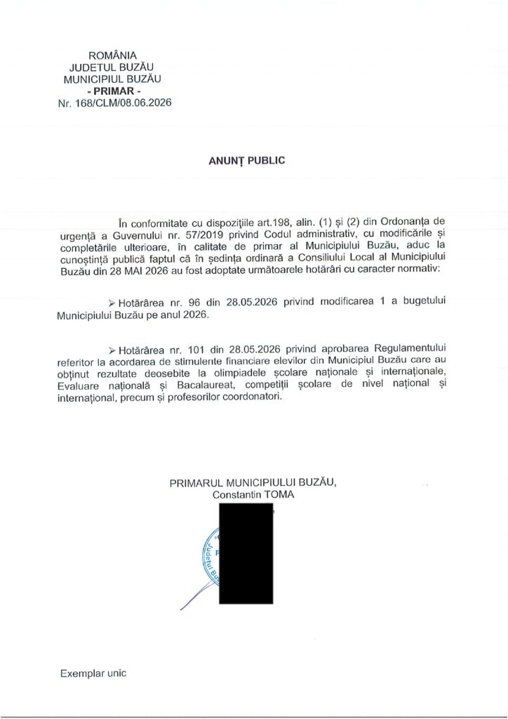 PRIMĂRIA BUZĂU. ANUNȚ cu privire la hotărârile cu caracter normativ aprobate în ședința CLM din 28 mai 2026 1 anunț Primăria Buzău hotărâri caracter normativ