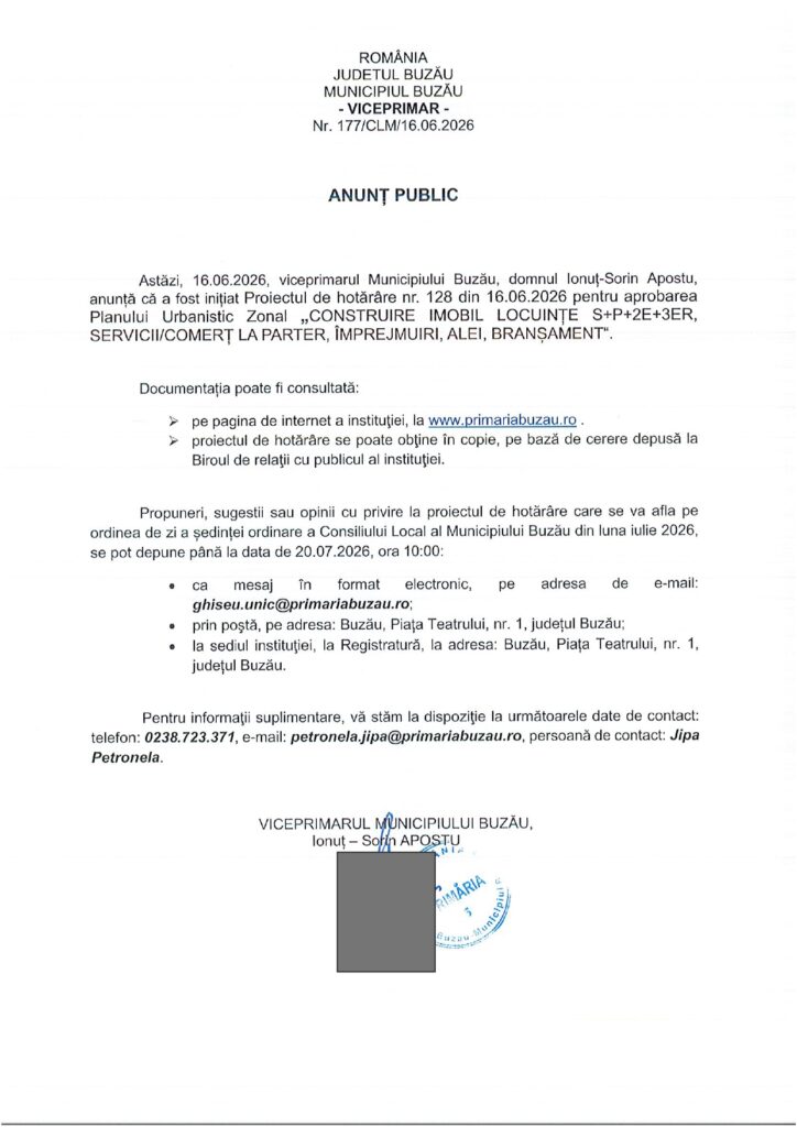 Primăria Buzău, ANUNȚURI PUBLICE privind aprobarea unor construcții 1