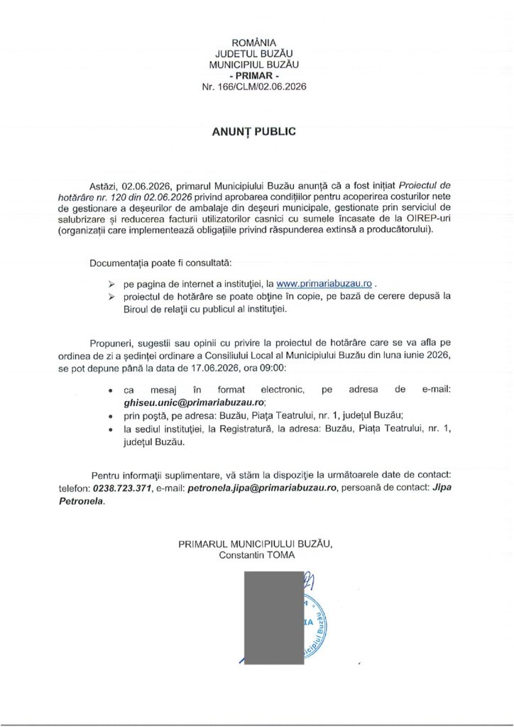 anunț public Primăria Buzău costuri deșeuri