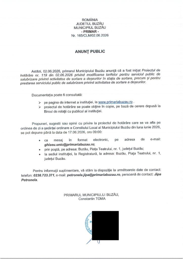 anunț public Primăria Buzău, proiect hotărâre modificare tarife salubrizare Buzău