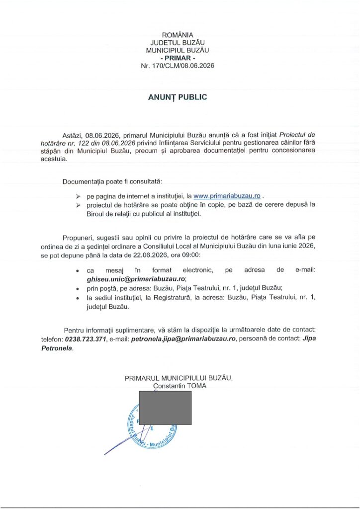 Primăria Buzău. Anunț privind proiectul de înființare a Serviciului pentru gestionarea câinilor fără stăpân 1 anunț Primăria Buzău, proiect serviciu gestionare câini fără stăpân Buzău