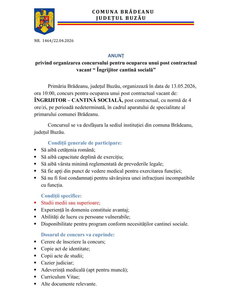 BRĂDEANU. Primăria organizează concurs pentru un post de îngrijitor - cantină socială 1 anunț Pimăria Brădeanu concurs îngrijitor cantină, anunț Primăria Brădeanu