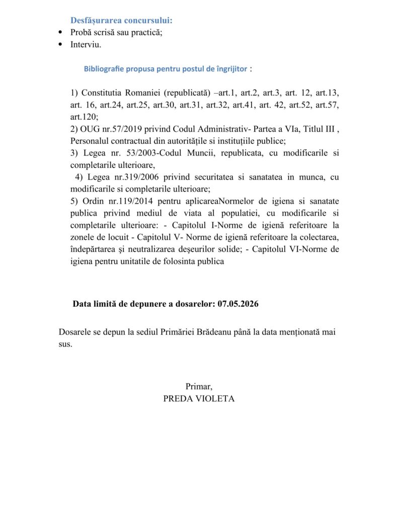 BRĂDEANU. Primăria organizează concurs pentru un post de îngrijitor - cantină socială 2 anunț Pimăria Brădeanu concurs îngrijitor cantină, anunț Primăria Brădeanu