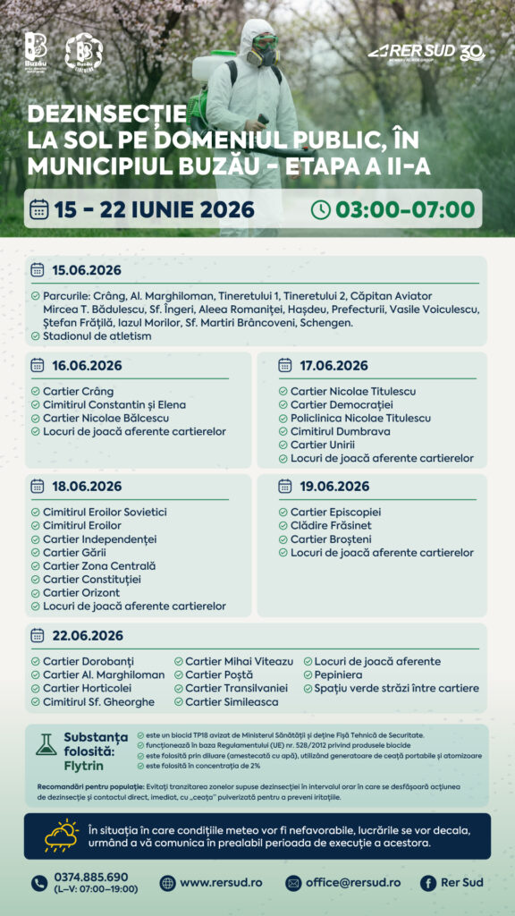 O nouă etapă de dezinsecție în orașul Buzău. Iată programul acțiunilor! 2 comunicat de presă Primăria Buzău, program dezinsecție Buzău