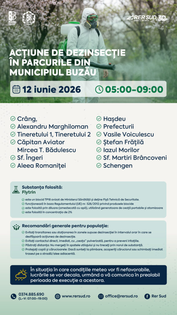 O nouă etapă de dezinsecție în orașul Buzău. Iată programul acțiunilor! 1 comunicat de presă Primăria Buzău, program dezinsecție Buzău