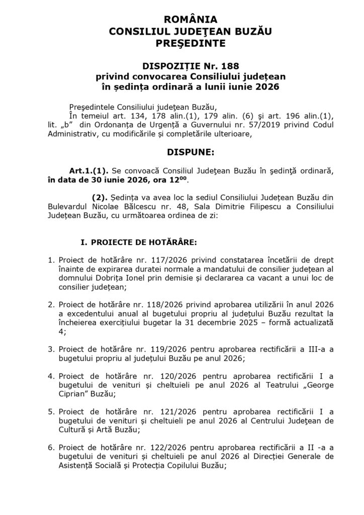 proiecte de hotărâre Consiliul Județean Buzău iunie 2026, ședință Consiliul Județean Buzău iunie 2026