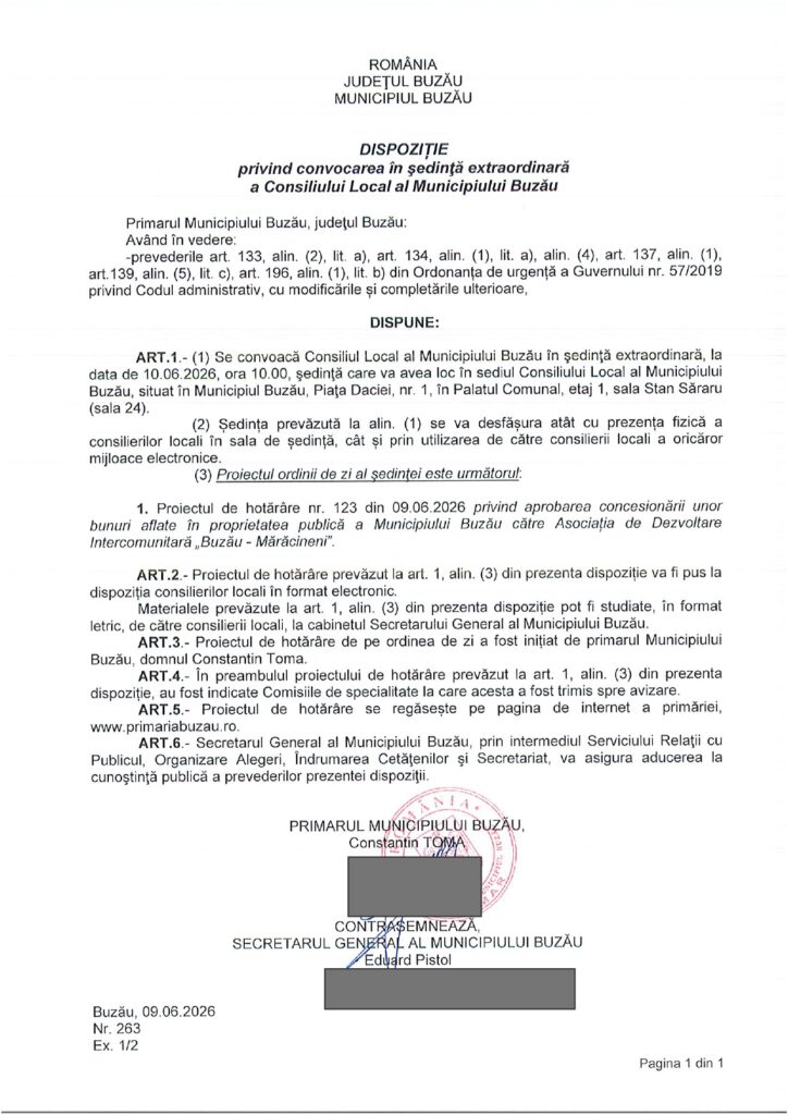 (UPDATE) Mulți absenți. Vezi AICI ședința extraordinară. Consilier nou în CLM, proiect aprobat în regim de urgență 1 anunț Primăria Buzău, ședință extraordinară CLM Buzău iunie 2026
