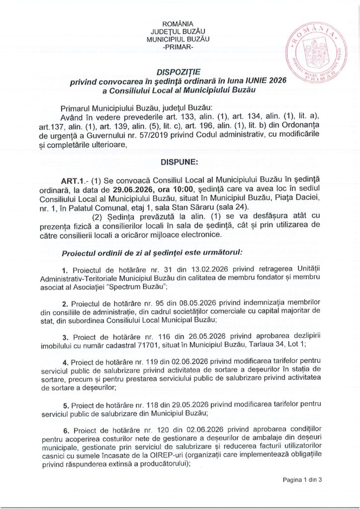 anunț Primăria Buzău, ședință CLM Buzău 29 iunie 2026