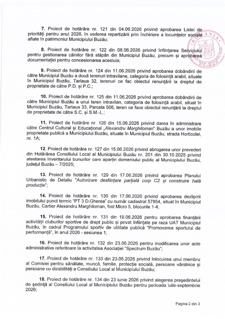 anunț Primăria Buzău, ședință CLM Buzău 29 iunie 2026