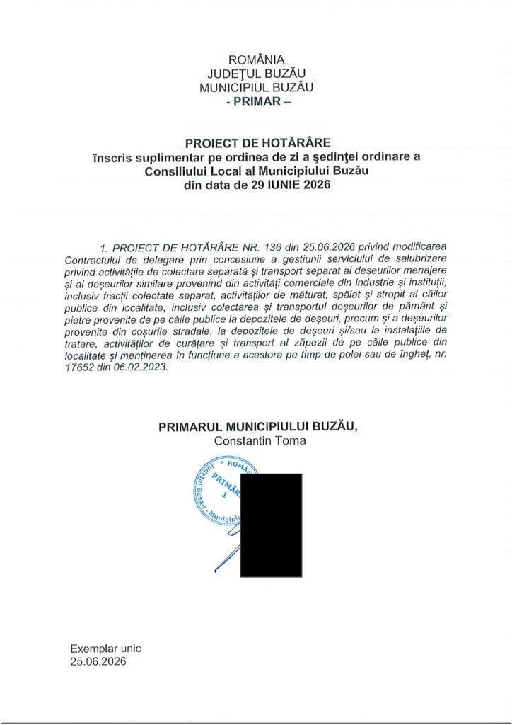contract gestionare serviciul de salubrizare Buzău, proiect suplimentar CLM Buzău iunie 2026