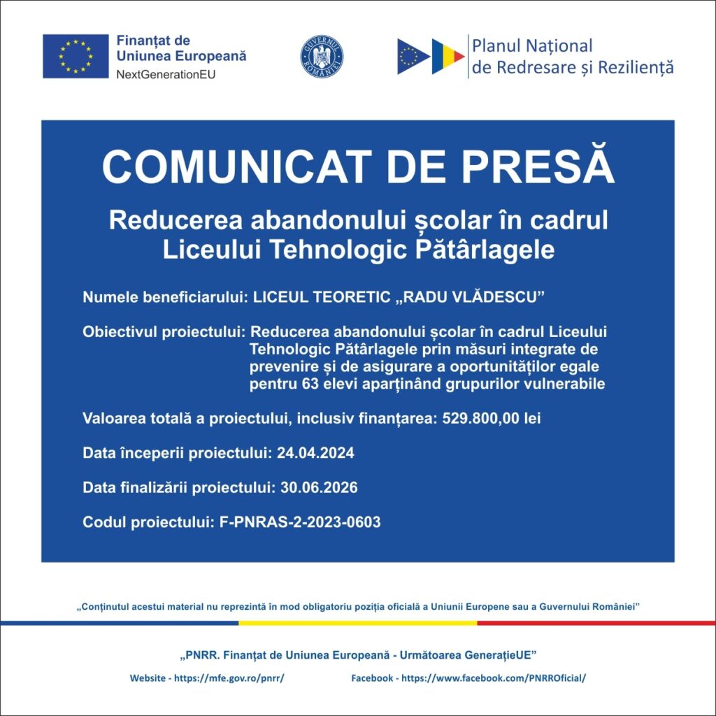 proiect european Liceul Tehnologic Pătârlagele, reducere abandon școlar Liceul Tehnologic Pătârlagele