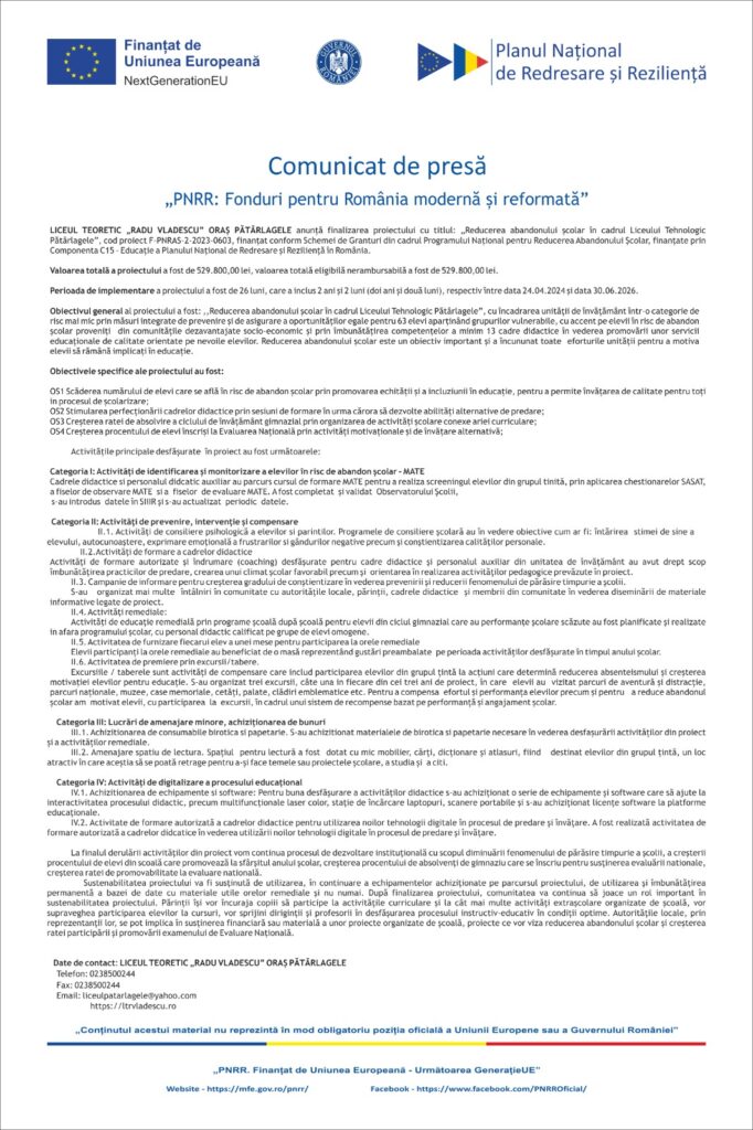 proiect european Liceul Tehnologic Pătârlagele, reducere abandon școlar Liceul Tehnologic Pătârlagele
