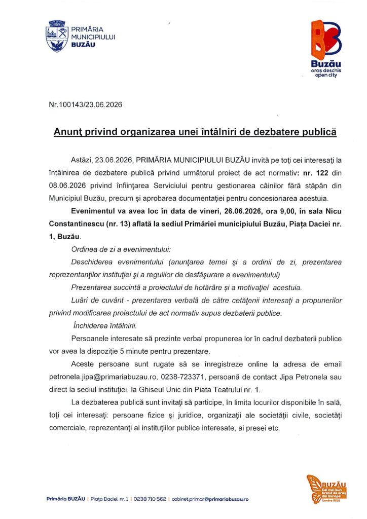 anunț Primăria Buzău, dezbatere publică Buzău serviciu ecarisaj, problemă maidanezi Buzău