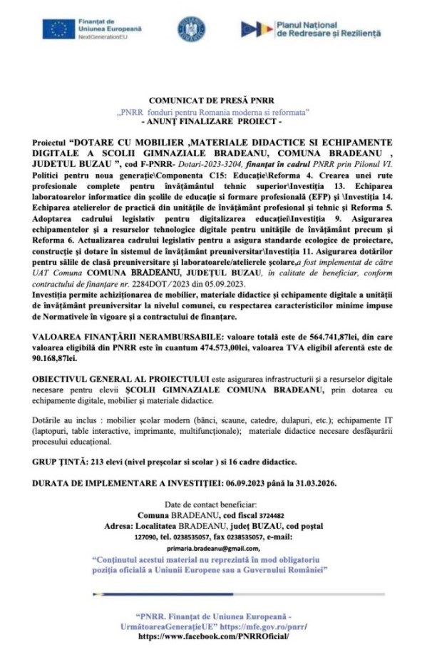 COMUNICAT DE PRESĂ. Finalizare proiect "Dotare cu mobilier, materiale didactice și echipamente digitale a Școlii Gimnaziale Brădeanu" 1 comunicat de presă Primăria Brădeanu proiect educație PNRR
