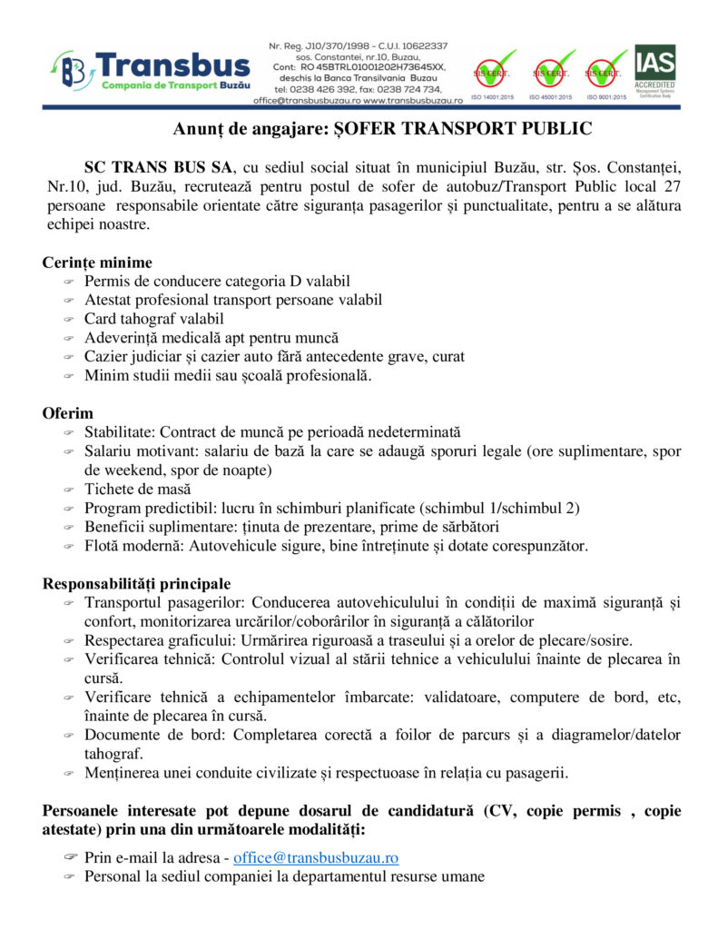 condiții angajare șofer Trans Bus, Trans Bus angajări șoferi iunie 2026