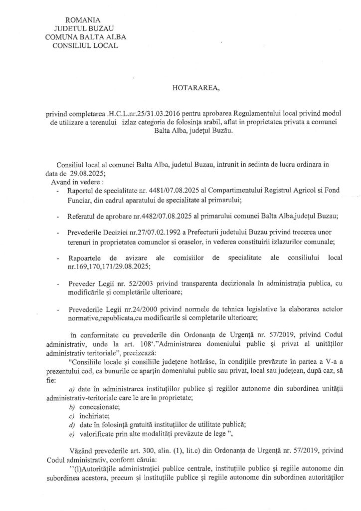 BALTA ALBĂ. Noutăți în Regulamentul utilizării izlazului din categoria arabil 1