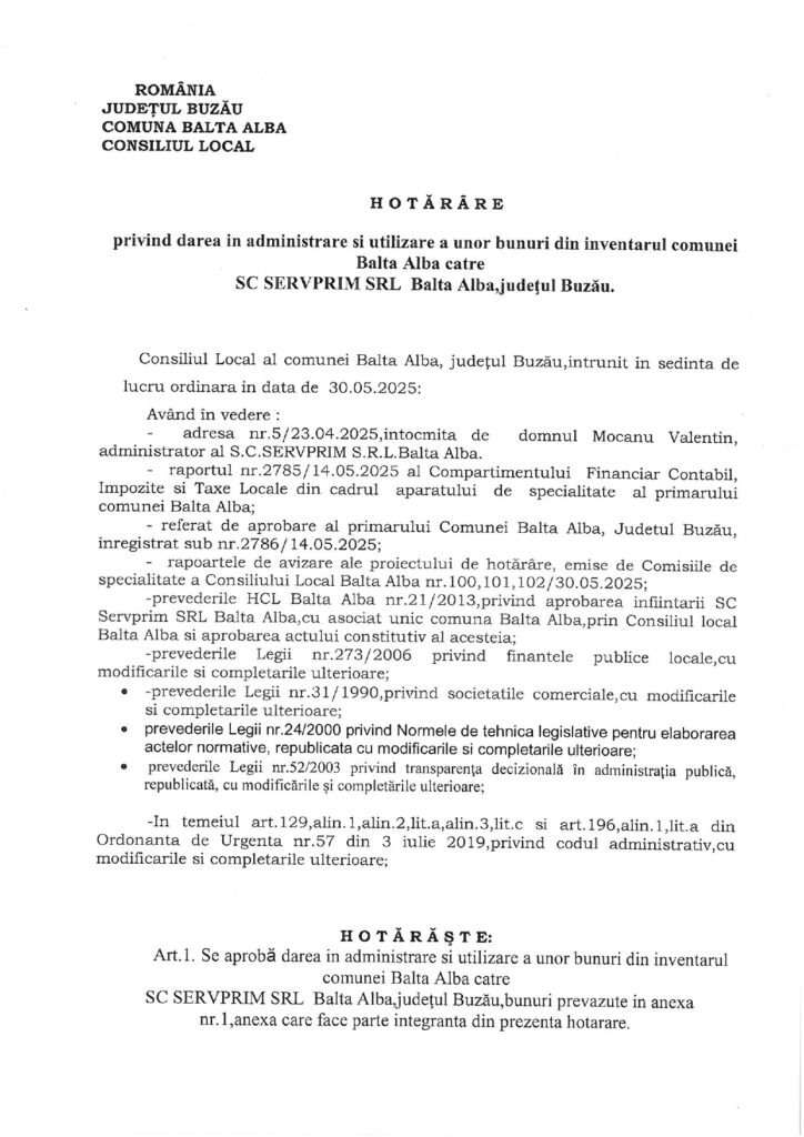 BALTA ALBĂ. Primăria a dat în administrare platformele de depozitare către SERVPRIM 1 bunuri serv prim Balta Albă Primăria Balta Albă