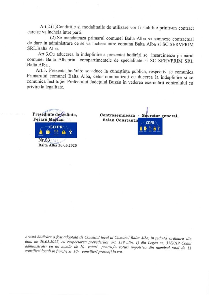 BALTA ALBĂ. Primăria a dat în administrare platformele de depozitare către SERVPRIM 2 bunuri serv prim Balta Albă Primăria Balta Albă