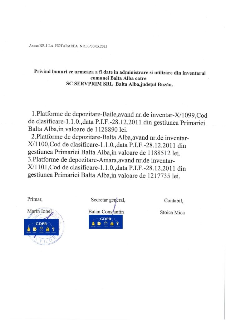 BALTA ALBĂ. Primăria a dat în administrare platformele de depozitare către SERVPRIM 3 bunuri serv prim Balta Albă Primăria Balta Albă