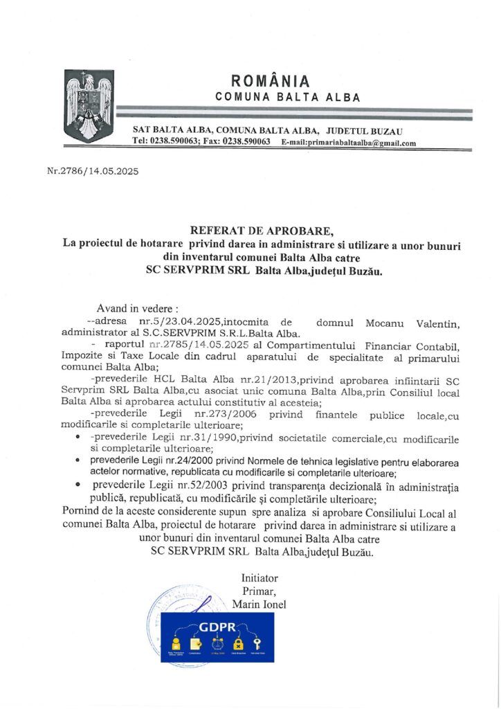 BALTA ALBĂ. Primăria a dat în administrare platformele de depozitare către SERVPRIM 4 bunuri serv prim Balta Albă Primăria Balta Albă