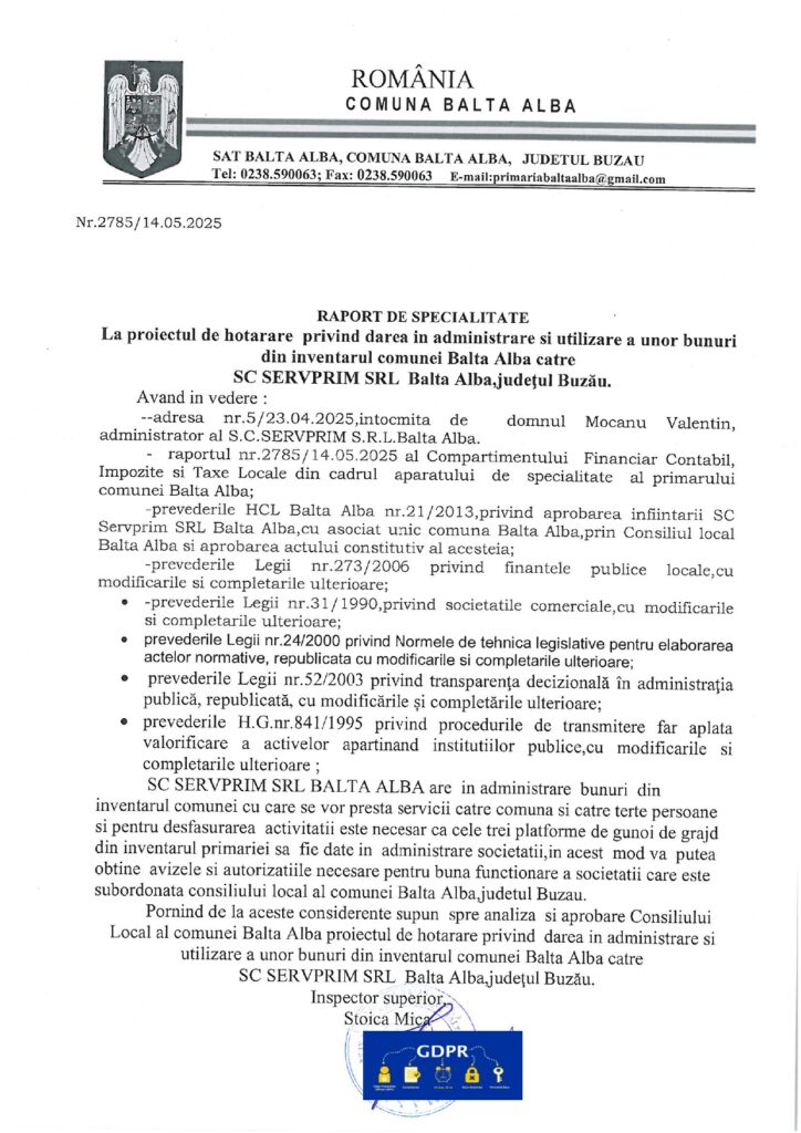 BALTA ALBĂ. Primăria a dat în administrare platformele de depozitare către SERVPRIM 5 bunuri serv prim Balta Albă Primăria Balta Albă