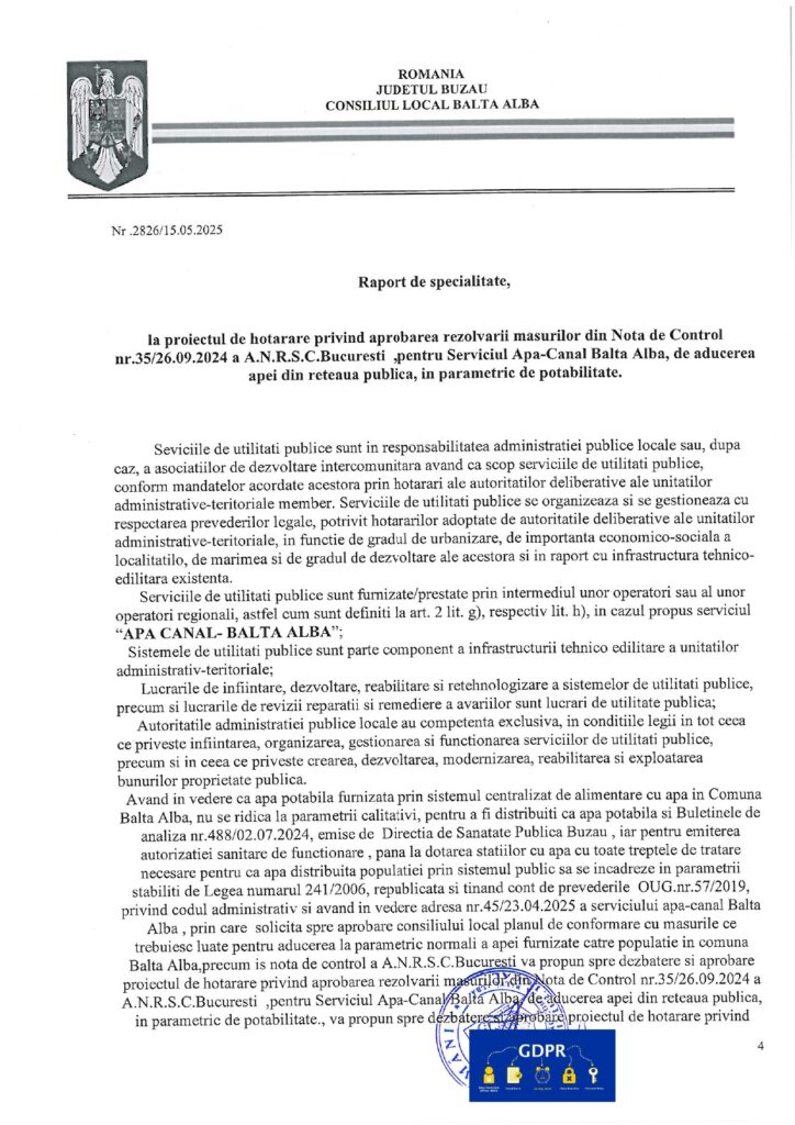 Balta Albă investiții apă, Primăria Balta Albă