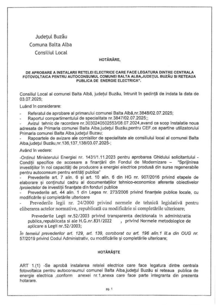 BALTA ALBĂ. Hotărâre pentru instalarea unei rețele electrice importante 1 centrală fotovoltaică Balta Albă, rețea electricitate Balta Albă