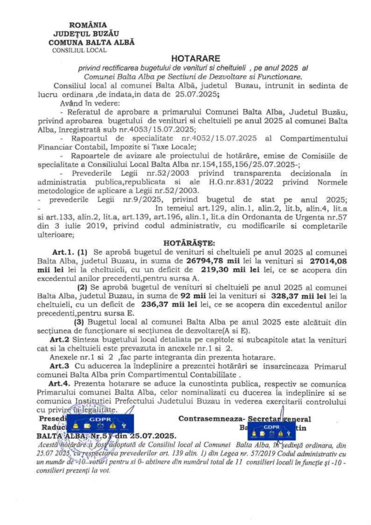 BALTA ALBĂ. O nouă rectificare bugetară al Primărie 1 rectificare bugetară Primăria Balta Albă iulie 2025