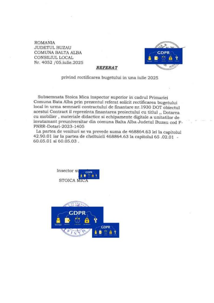 BALTA ALBĂ. O nouă rectificare bugetară al Primărie 2 rectificare bugetară Primăria Balta Albă iulie 2025