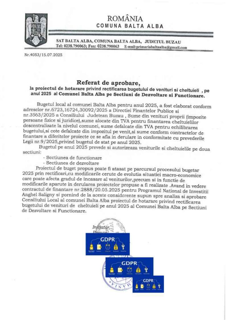 BALTA ALBĂ. O nouă rectificare bugetară al Primărie 3 rectificare bugetară Primăria Balta Albă iulie 2025