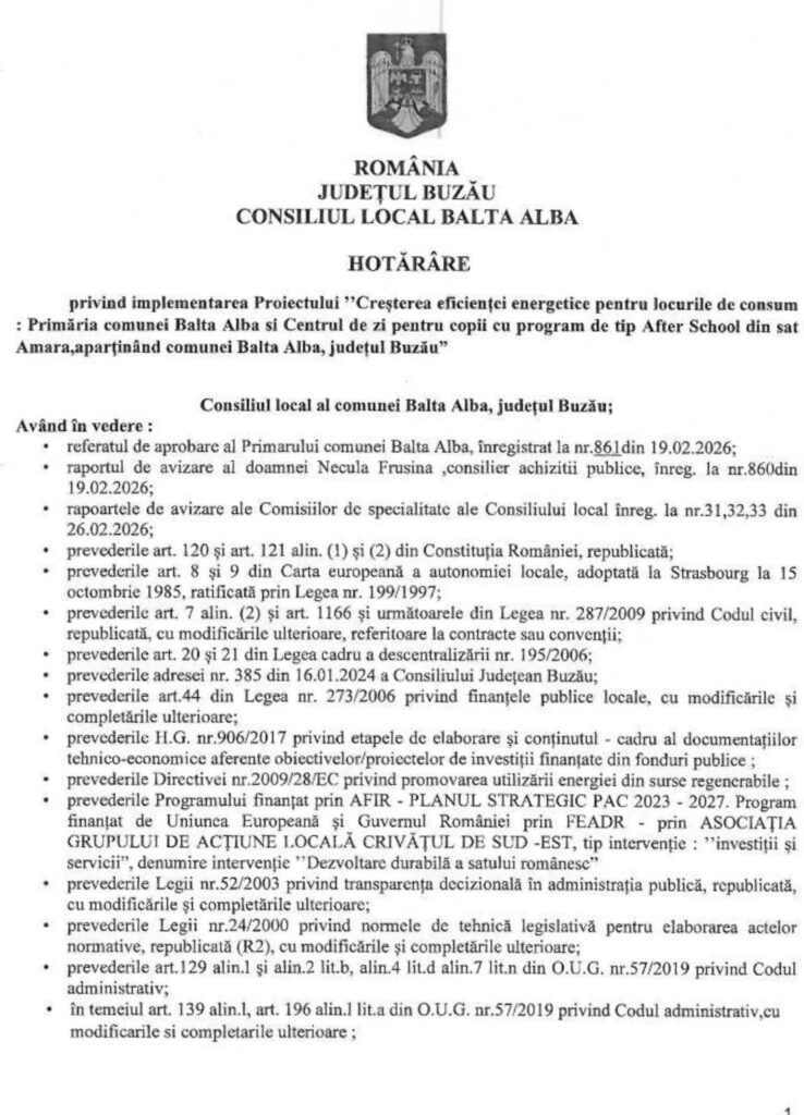 Balta Albă. Proiect de creștere a eficienței energetice la Primăria Balta Albă și Centrul de zi After School din Amara 1 hotărâre Consiliul Local Balta Albă, proiect eficientizare energetică Primăria Balta Albă Centru After School