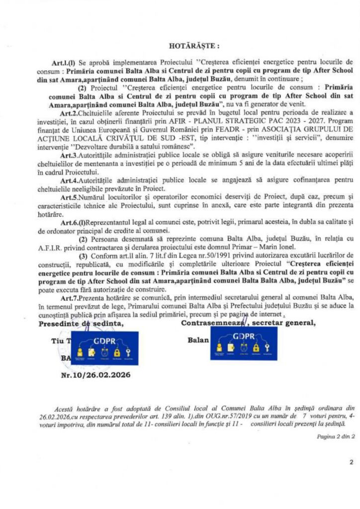 Balta Albă. Proiect de creștere a eficienței energetice la Primăria Balta Albă și Centrul de zi After School din Amara 2 hotărâre Consiliul Local Balta Albă, proiect eficientizare energetică Primăria Balta Albă Centru After School