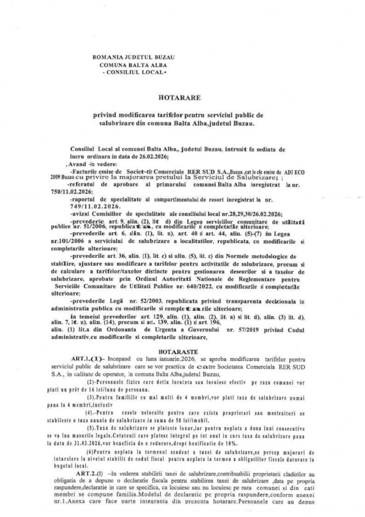 BALTA ALBĂ. Noile tarife pentru serviciile de salubrizare din comună. Au fost majorate 1 tarife noi salubrizare comuna Balta Albă