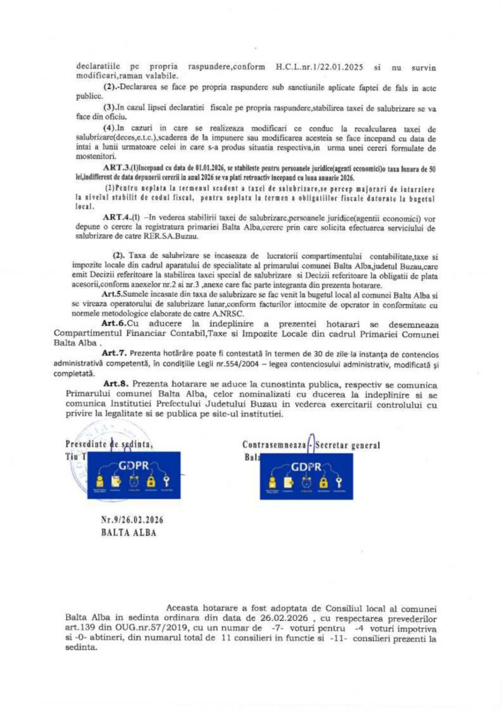 BALTA ALBĂ. Noile tarife pentru serviciile de salubrizare din comună. Au fost majorate 2 tarife noi salubrizare comuna Balta Albă