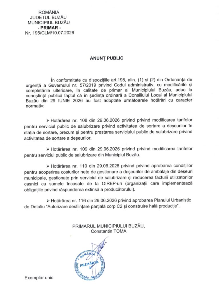 Hotărârile cu caracter normativ aprobate în ședința CLM Buzău din 29 iunie 1 hotărâri caracter normativ CLM Buzău iunie 2026