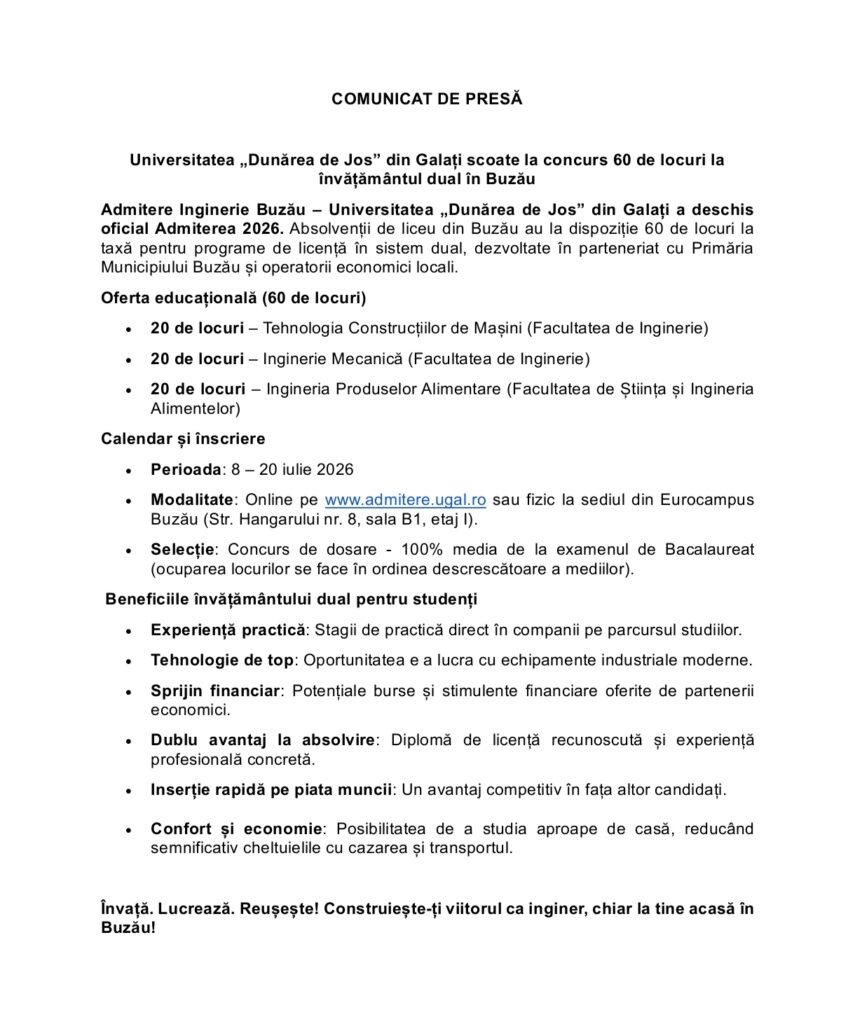 Ești absolvent de liceu? Iată locurile pentru Buzău oferite de Universitatea "Dunărea de Jos" din Galați 1 ofertă locuri Universitatea Dunărea de Jos Galați